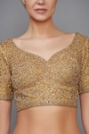 Buy_RI.Ritu Kumar_Beige Silk Satin Leaf Neck Blouse _at_Aza_Fashions