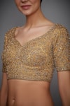 Buy_RI.Ritu Kumar_Beige Silk Satin Leaf Neck Blouse _Online_at_Aza_Fashions