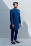 Bohame_Blue Cotton Silk Sherwani Set _Online_at_Aza_Fashions