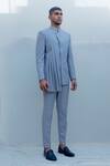 Bohame_Grey Suiting Pleated Bandhgala Set_Online_at_Aza_Fashions