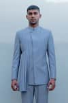 Buy_Bohame_Grey Suiting Pleated Bandhgala Set_Online_at_Aza_Fashions