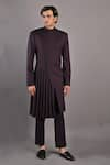 Bohame_Wine Terry Wool Solid Stygian Pleated Sherwani Set _Online_at_Aza_Fashions