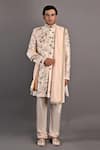 Buy_Bohame_Peach Sherwani Terry Wool Hand Embroidery Floral Pattern Rosen And Kurta Set _at_Aza_Fashions