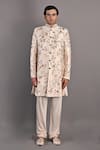 Bohame_Peach Sherwani Terry Wool Hand Embroidery Floral Pattern Rosen And Kurta Set _Online_at_Aza_Fashions