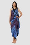 Buy_Babita Malkani_Blue Organic Cotton Silk Lining Lycra Draped Tie Dye Saree Gown_at_Aza_Fashions