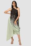 Buy_Babita Malkani_Green Organic Cotton Silk Lining Lycra One Shoulder Draped Dress _at_Aza_Fashions
