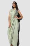 Shop_Babita Malkani_Green Organic Cotton Silk Lining Lycra Draped Sarong Saree _Online_at_Aza_Fashions