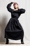 Buy_Corpora Studio_Black Cotton Mandarin Collar Pleated Dress _at_Aza_Fashions