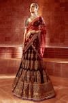 Buy_Tarun Tahiliani_Maroon Lehenga And Blouse Silk Velvet Embroidered Zari V Neck Saree Set _at_Aza_Fashions