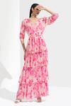 Buy_Mandira Wirk_Pink Chiffon Embroidery V Neck Floral Print Layered Dress _at_Aza_Fashions