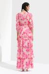 Shop_Mandira Wirk_Pink Chiffon Embroidery V Neck Floral Print Layered Dress _at_Aza_Fashions