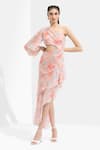 Buy_Mandira Wirk_Peach Chiffon Printed One Shoulder Dress_at_Aza_Fashions