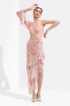 Mandira Wirk_Peach Chiffon Printed One Shoulder Dress_Online_at_Aza_Fashions