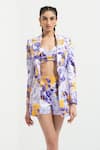 Buy_Mandira Wirk Resort_Blue Satin Embroidery Jacket Lapel Collar Bustier Printed And Shorts Set _Online_at_Aza_Fashions