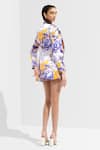 Mandira Wirk Resort_Blue Satin Embroidery Jacket Lapel Collar Bustier Printed And Shorts Set _Online_at_Aza_Fashions