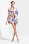 Shop_Mandira Wirk Resort_Blue Satin Embroidery Jacket Lapel Collar Bustier Printed And Shorts Set _Online_at_Aza_Fashions