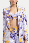 Shop_Mandira Wirk Resort_Blue Satin Embroidery Jacket Lapel Collar Bustier Printed And Shorts Set _at_Aza_Fashions