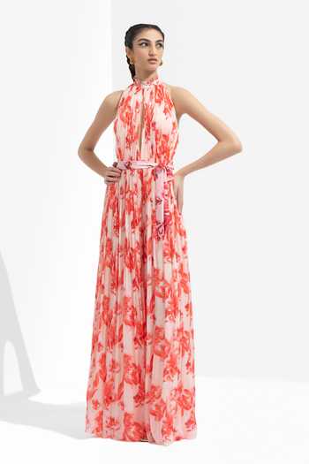 Pink Printed Jumpsuit And Belt With Embroidery