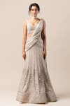 Buy_Tarun Tahiliani_White Tulle Embroidery V Neck Draped Lehenga Saree _at_Aza_Fashions