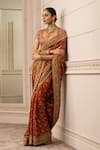 Tarun Tahiliani_Red Saree Handloom Embroidered Floral V Neck Gharchola Set_Online_at_Aza_Fashions