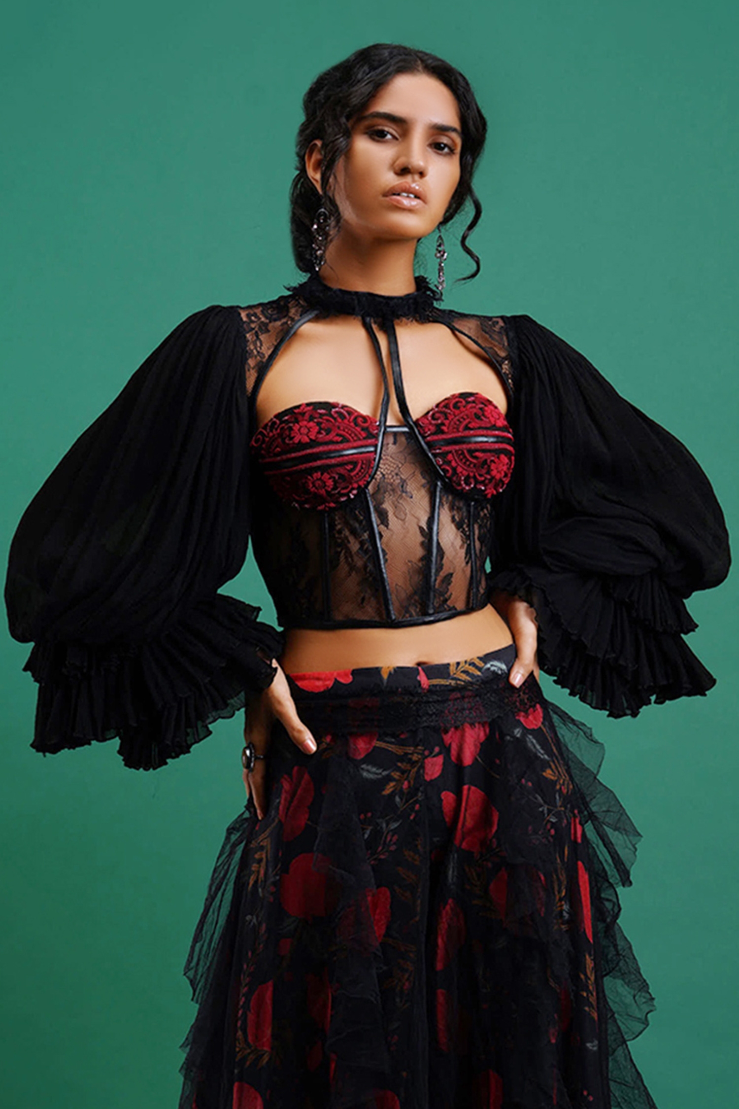 Buy_Nidhi Yasha_Black Viscose Embroidery Round Top  _at_Aza_Fashions