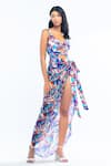 Buy_Mandira Wirk_Blue Chiffon And Lyrca Print Abstract Sweetheart Neck Bodysuit With Wrap _at_Aza_Fashions