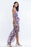 Mandira Wirk_Blue Chiffon And Lyrca Print Abstract Sweetheart Neck Bodysuit With Wrap _Online_at_Aza_Fashions