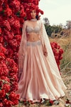 Bhumika Sharma_Beige Organza And Embroidery Tara Sweetheart Neck Cape Lehenga Set_Online_at_Aza_Fashions