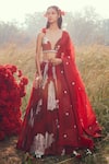 Buy_Bhumika Sharma_Red Organza And Embroidery Dahlia V Neck Lehenga Set _at_Aza_Fashions