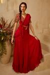 Buy_Bhumika Sharma_Red Chiffon Embroidery V Neck Pre-stitched Saree With Blouse _at_Aza_Fashions