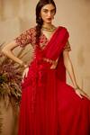 Buy_Bhumika Sharma_Red Chiffon Embroidery V Neck Pre-stitched Saree With Blouse _Online_at_Aza_Fashions