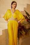 Buy_Bhumika Sharma_Yellow Shantoon Net Embroidered Floral Plunge Neck Kimono Sleeve Jumpsuit _at_Aza_Fashions