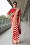 Buy_Neha & Tarun_Red Saree And Blouse Pure Katan Silk Mandarin Collar Satin With _at_Aza_Fashions