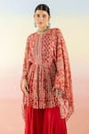 Buy_Basanti - Kapde Aur Koffee_Red Georgette Embroidered Floral Round Print Kaftan Kurta And Palazzo Set _Online_at_Aza_Fashions