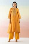 Buy_Basanti - Kapde Aur Koffee_Yellow Cotton Chanderi Embroidered Striped Notched Kurta And Pant Set _at_Aza_Fashions