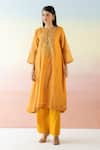 Shop_Basanti - Kapde Aur Koffee_Yellow Cotton Chanderi Embroidered Striped Notched Kurta And Pant Set _at_Aza_Fashions