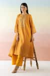 Basanti - Kapde Aur Koffee_Yellow Cotton Chanderi Embroidered Striped Notched Kurta And Pant Set _Online_at_Aza_Fashions