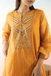 Buy_Basanti - Kapde Aur Koffee_Yellow Cotton Chanderi Embroidered Striped Notched Kurta And Pant Set _Online_at_Aza_Fashions