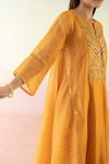 Shop_Basanti - Kapde Aur Koffee_Yellow Cotton Chanderi Embroidered Striped Notched Kurta And Pant Set _Online_at_Aza_Fashions