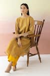 Basanti - Kapde Aur Koffee_Yellow Cotton Chanderi Embroidered Striped Boat Kurta And Pant Set _Online_at_Aza_Fashions