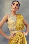 Shop_Bhumika Sharma_Yellow Satin Crepe V Neck Pre-draped Layered Ruffle Saree _Online_at_Aza_Fashions