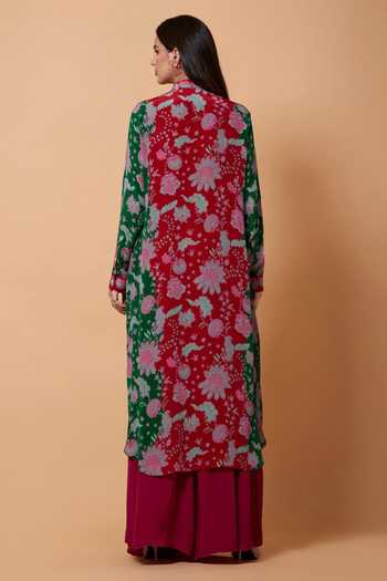 Shop_Siddhartha Bansal_Red Pure Crepe Floral Mandarin Collar Printed Tunic _at_Aza_Fashions