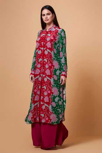 Siddhartha Bansal_Red Pure Crepe Floral Mandarin Collar Printed Tunic _Online_at_Aza_Fashions
