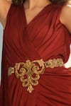 Monisha Jaising_Red Lycra Embroidery V Neck Pre-draped Saree Gown  _Online_at_Aza_Fashions