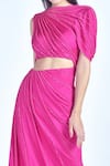 Shop_Monisha Jaising_Pink Stretch Satin Embroidery Round Cutout Draped Saree Gown  _at_Aza_Fashions