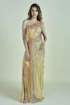 Buy_Monisha Jaising_Beige Tulle Embroidery Asymmetric One Shoulder Draped Saree Gown  _at_Aza_Fashions