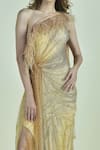 Monisha Jaising_Beige Tulle Embroidery Asymmetric One Shoulder Draped Saree Gown  _Online_at_Aza_Fashions