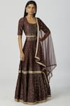 Buy_Bohame_Brown Chanderi Silk Scoop Neck Lehenga Set _at_Aza_Fashions