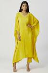 Buy_Bohame_Yellow Crepe, Twill V Neck Embroidered Kaftan Pant Set_at_Aza_Fashions