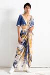 Buy_Bohame_Beige Crepe Arcadia Pre-draped Saree Set_at_Aza_Fashions